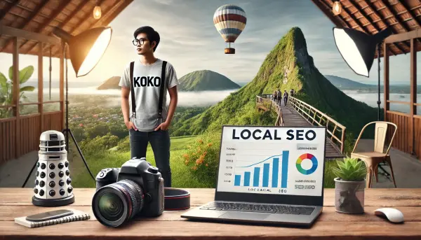 Seorang fotografer profesional sedang melakukan sesi foto di lokasi lokal yang menarik
