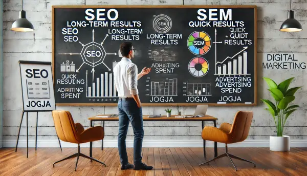 Seorang konsultan digital marketing dari Jogja sedang duduk di hadapan dua papan tulis, menjelaskan perbedaan antara SEO dan SEM kepada seorang pemilik bisnis