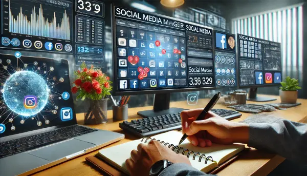 Seorang manajer media sosial Indonesia sedang mengatur jadwal posting di berbagai platform melalui layar komputer besar