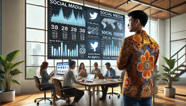 Seorang manajer media sosial asal Indonesia berpakaian batik yang sedang meninjau data analitik media sosial di layar besar