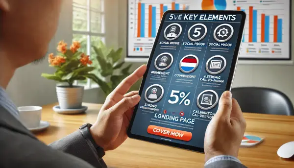 Seorang marketer Indonesia sedang mereview landing page di tablet, dengan elemen-elemen penting seperti social proof dan call-to-action