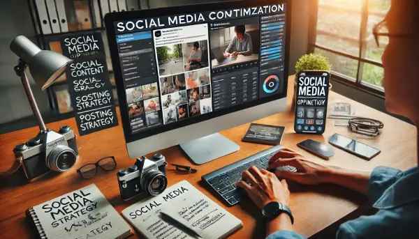 Seorang marketer Indonesia yang sedang membuat konten kreatif untuk optimasi media sosial bisnisnya