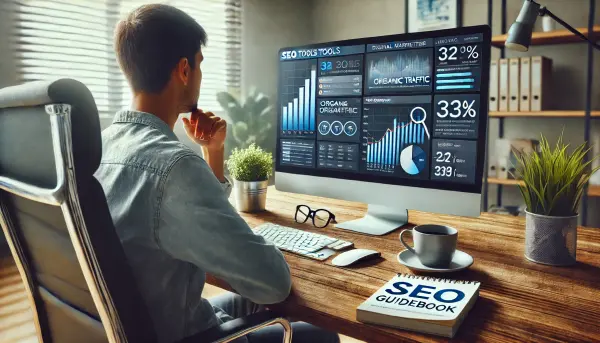 Seorang marketer digital sedang duduk di depan komputer dengan layar menampilkan dashboard SEO tools
