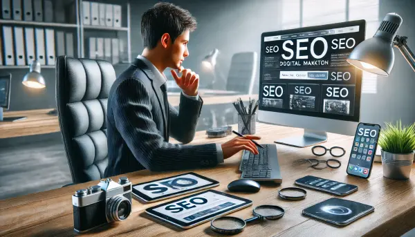 Seorang marketer digital yang sedang melakukan optimasi SEO untuk toko gadget