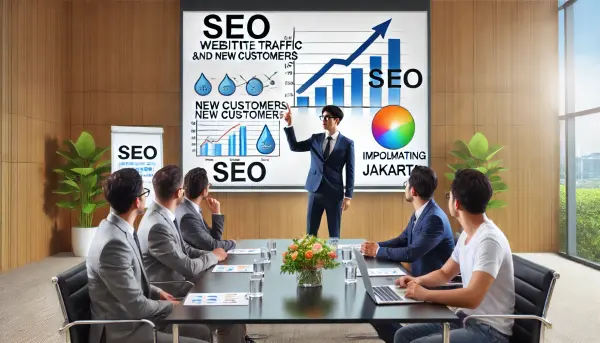 Seorang pakar SEO sedang memberikan presentasi kepada sekelompok pengusaha, dengan diagram peningkatan traffic dan pelanggan baru di layar presentasi