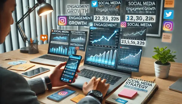 Seorang pebisnis Indonesia sedang mengelola beberapa akun media sosial di smartphone dan laptopnya