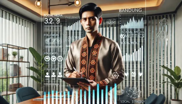 Seorang pebisnis asli Bandung memakai baju koko, sedang memantau metrik media sosial melalui dashboard analitik di layar besar