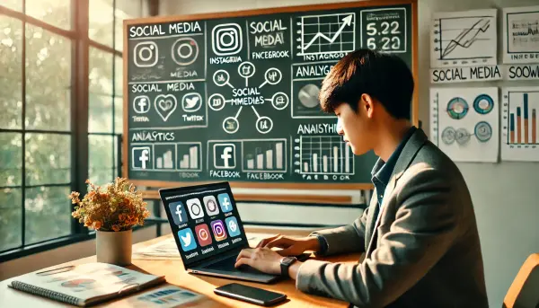 Seorang pebisnis muda Indonesia duduk di depan laptopnya, dengan papan tulis di belakang yang penuh dengan strategi media sosial