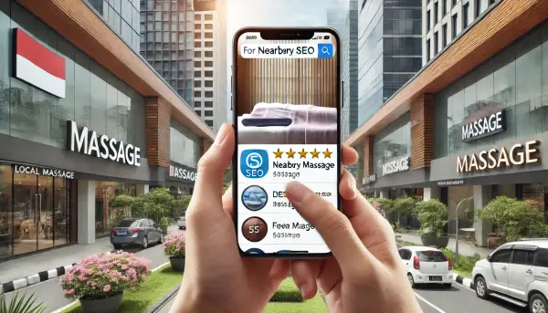Seorang pelanggan asal Indonesia yang sedang mencari layanan pijat terdekat melalui mesin pencari di smartphone dengan hasil SEO lokal