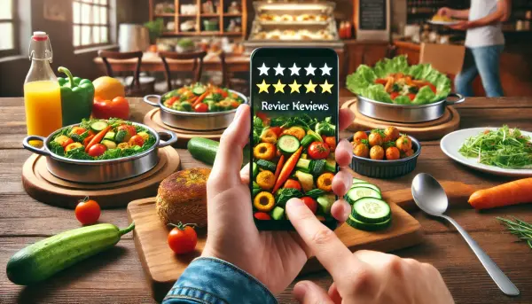 Seorang pelanggan meninggalkan ulasan positif tentang restoran vegetarian di smartphone mereka