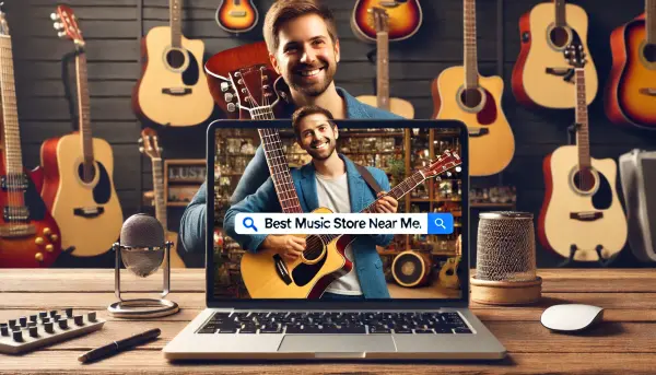 Seorang pelanggan tersenyum memegang gitar di toko alat musik lokal, dengan laptop di sebelahnya yang menampilkan hasil pencarian toko alat musik terbaik di dekat saya