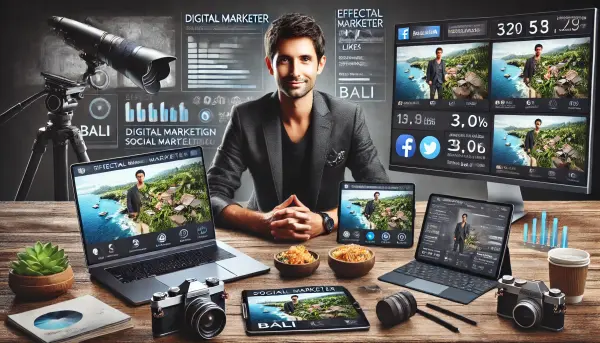 Seorang pemasar digital asal Bali yang sukses, dikelilingi oleh peralatan modern seperti laptop dan tablet