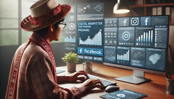 Seorang pemasar digital asal Padang yang sedang merancang kampanye media sosial di depan layar komputer
