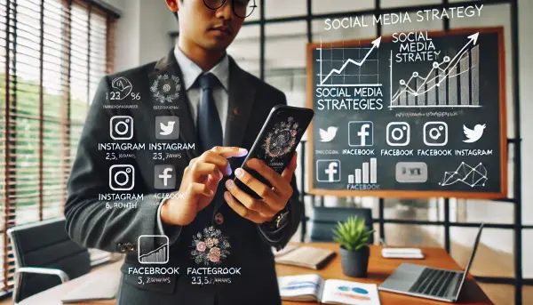 Seorang pemilik bisnis Indonesia sedang menggunakan ponsel untuk mengelola strategi media sosial di kantornya yang modern