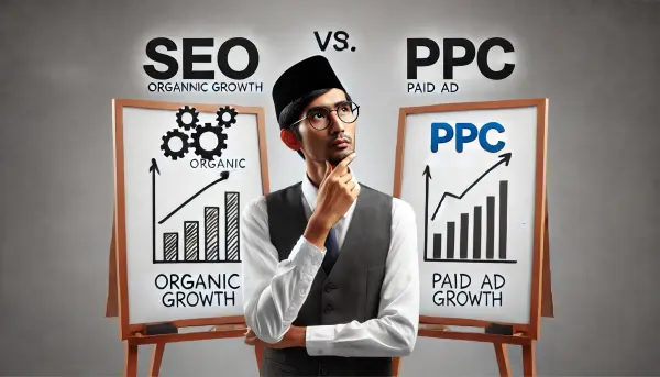 Seorang pemilik bisnis Indonesia yang sedang mempertimbangkan pilihan antara SEO dan PPC, dengan dua papan tulis yang menampilkan grafik pertumbuhan organik dan iklan berbayar