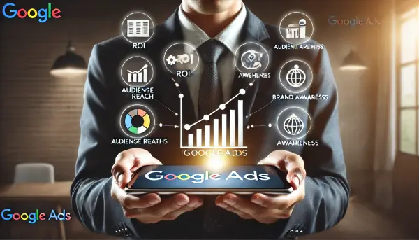 Seorang pemilik bisnis asal Indonesia sedang memegang tablet dengan hasil analisis Google Ads