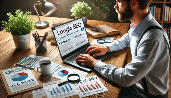 Seorang pemilik bisnis lokal sedang melakukan penelitian kata kunci dengan laptopnya.