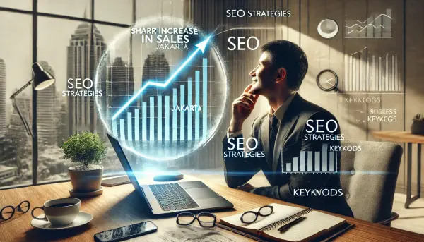 Seorang pemilik bisnis yang sedang melihat grafik penjualan meningkat tajam di layar laptop setelah menerapkan strategi SEO