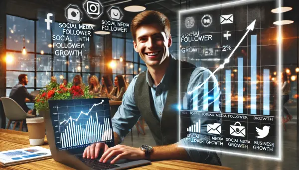 Seorang pemilik bisnis yang tersenyum puas sambil melihat grafik peningkatan pengikut media sosial dan pertumbuhan bisnis di papan tulis digital