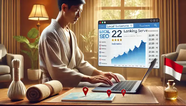 Seorang pemilik layanan pijat di Indonesia yang sedang memantau peringkat SEO lokal bisnisnya di depan laptop