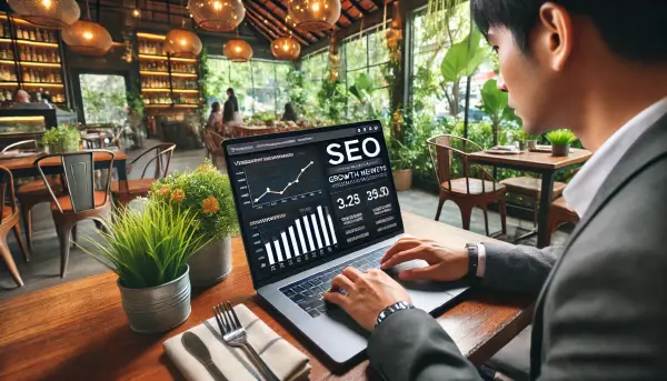 Seorang pemilik restoran vegetarian asal Indonesia yang sedang menganalisis data SEO di laptop