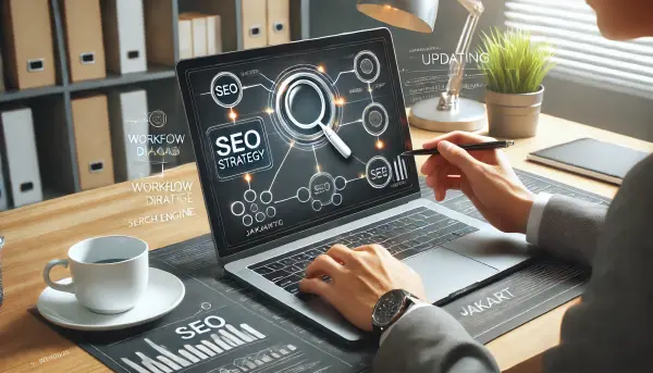 Seorang pemilik situs web yang antusias sedang memperbarui strategi SEO untuk websitenya, dengan tampilan diagram alur kerja mesin pencari di layar laptopnya