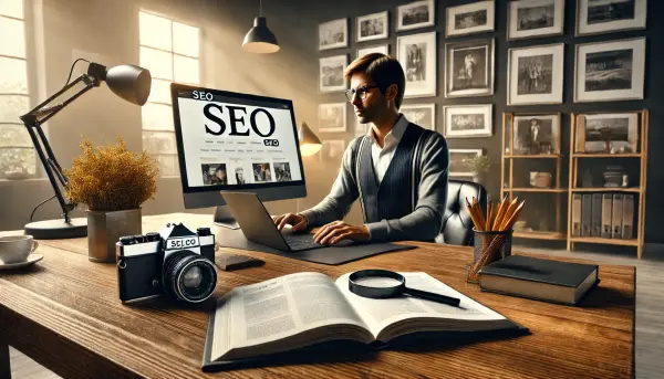 Seorang pemilik studio fotografi yang fokus pada optimasi SEO lokal di mejanya