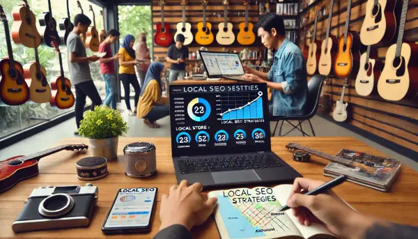 Seorang pemilik toko alat musik lokal asal Indonesia yang sedang mengelola toko online di laptopnya