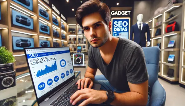 Seorang pemilik toko gadget di Indonesia yang sedang menganalisis data SEO di laptopnya