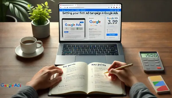 Seorang pemula Indonesia sedang belajar Google Ads dengan melihat tutorial langkah demi langkah di laptopnya