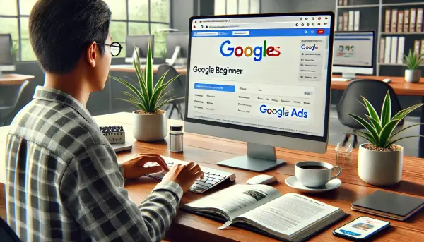 Seorang pemula Indonesia sedang membuat kampanye Google Ads di depan layar komputernya
