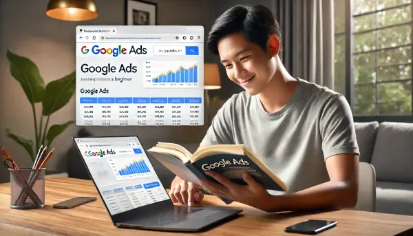 Seorang pemula asal Indonesia yang sedang membaca panduan Google Ads di laptopnya