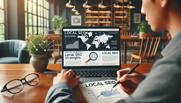 Seorang pemula asal Indonesia yang sedang membaca panduan tentang Local SEO di laptopnya