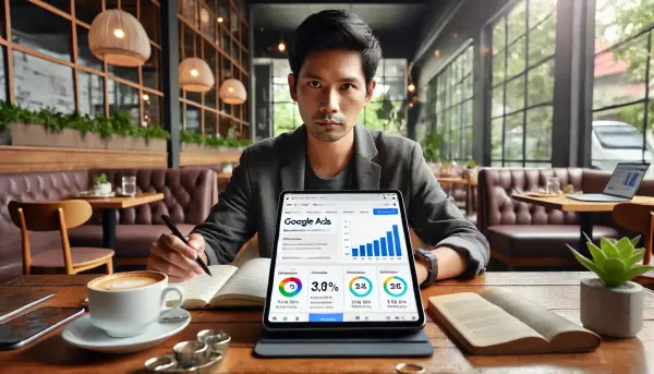 Seorang pemula asal Indonesia yang sedang mempelajari Google Ads di kafe yang nyaman