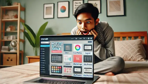 Seorang pemula sedang menggunakan laptop untuk mencoba berbagai alat desain website, dengan suasana yang nyaman dan kreatif di latar belakang