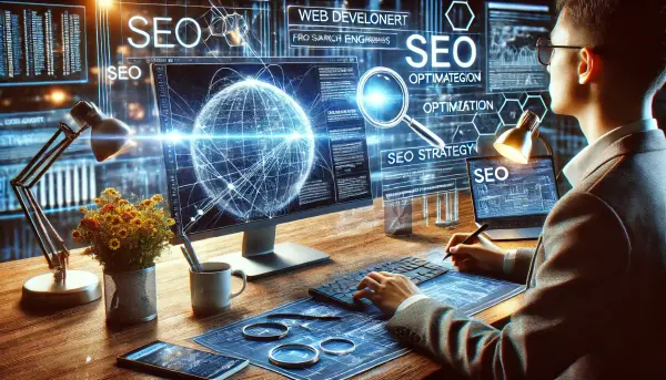 Seorang pengembang situs web yang fokus mempelajari cara optimasi SEO, dengan tampilan diagram mesin pencari di layar komputer dan suasana futuristik di ruang kerja