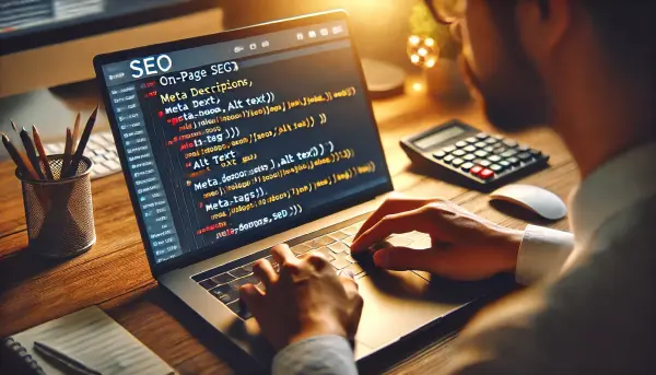 Seorang pengembang web asli Indonesia yang sedang mengedit kode HTML untuk mengoptimalkan SEO on-page