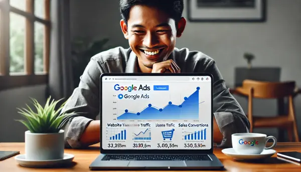 Seorang pengusaha Indonesia melihat dashboard Google Ads di laptopnya, mencerminkan kesuksesan bisnis melalui Google Ads