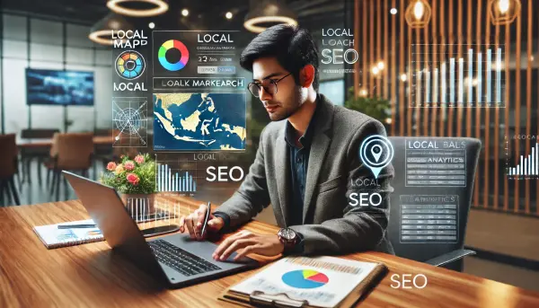 Seorang pengusaha asal Indonesia yang sedang melakukan riset pasar di laptop, dikelilingi oleh catatan dan diagram yang menyoroti strategi Local SEO