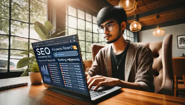 Seorang pengusaha muda yang sedang melakukan riset kata kunci SEO di kafe yang nyaman dengan suasana kerja yang santai