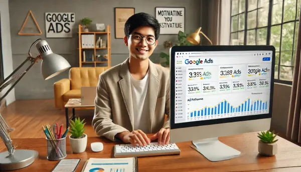 Seorang pengusaha pemula asal Indonesia yang sedang mengelola kampanye Google Ads di komputernya