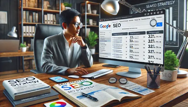 Seorang pengusaha sedang memeriksa analisis kinerja situs webnya di mesin pencari, dengan tampilan hasil pencarian yang menunjukkan peringkat SEO yang beragam