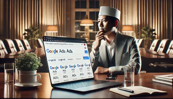 Seorang pengusaha sedang mempertimbangkan platform iklan terbaik untuk bisnisnya dengan tampilan antarmuka Google Ads di laptop
