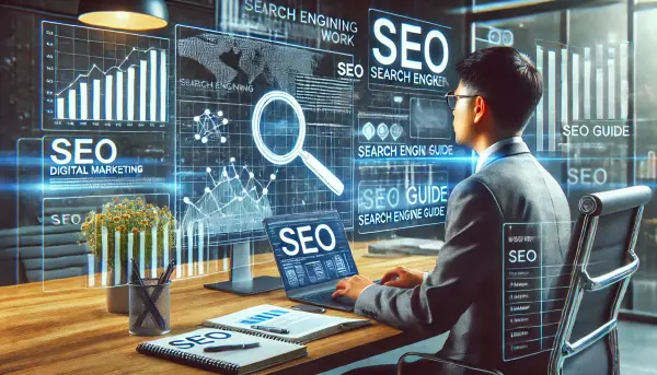 Seorang profesional digital marketing sedang mempelajari cara kerja mesin pencari di komputer dengan fokus pada grafik SEO dan algoritma mesin pencari