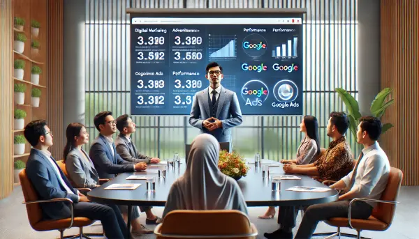 Seorang spesialis pemasaran digital asal Indonesia yang sedang melakukan presentasi di depan klien, memperbandingkan beberapa platform iklan termasuk Google Ads