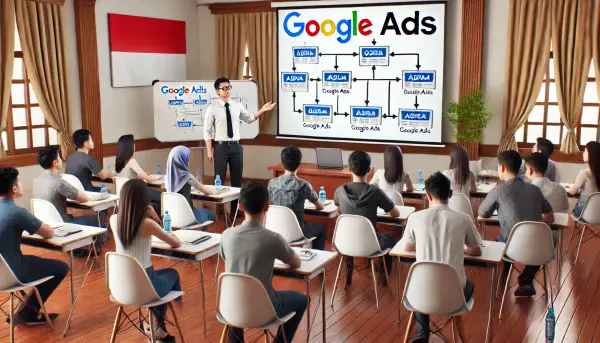 Suasana kelas atau seminar, di mana seorang instruktur asal Indonesia sedang menjelaskan dasar-dasar Google Ads kepada peserta pemula