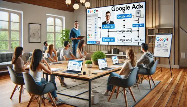 Suasana kelas online di mana seorang pelatih asal Jakarta sedang menjelaskan konsep Google Ads kepada para peserta pemula