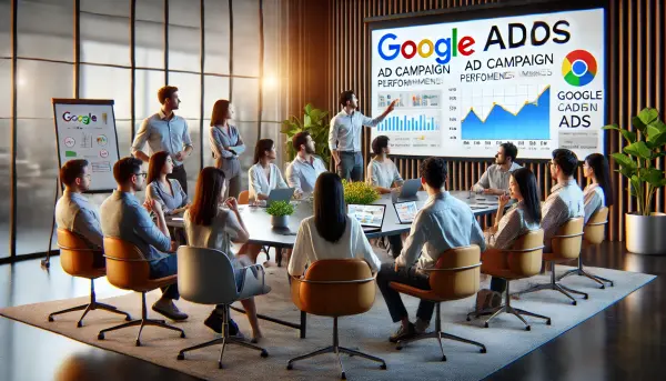 Suasana rapat tim digital marketing dari berbagai daerah di Indonesia di sebuah kantor modern. Mereka sedang membahas strategi Google Ads