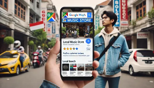 Tampilan antarmuka smartphone dengan toko alat musik lokal di halaman pertama pencarian Google Maps, serta seorang pemuda yang puas setelah menemukan toko tersebut.