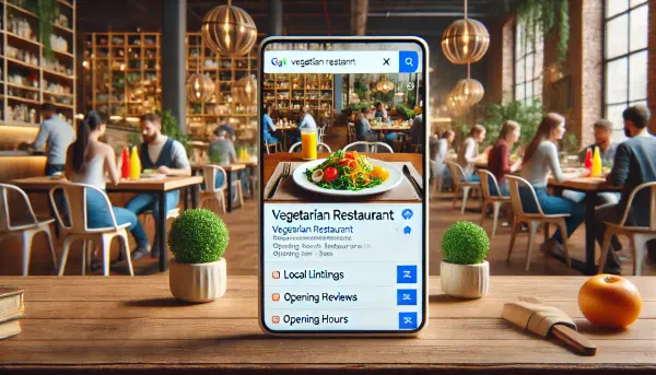 Tampilan halaman Google dengan hasil pencarian lokal yang menunjukkan restoran vegetarian